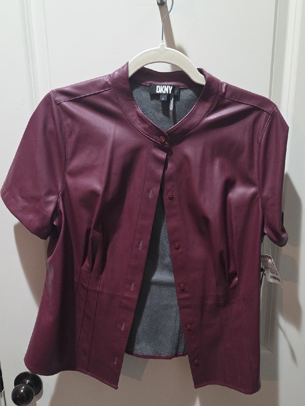 DKNY Short Sleeve Vegan Leather Button-Up in Wine